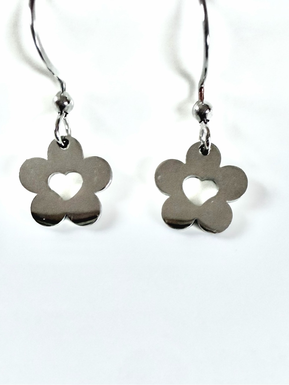Silver Flower Heart Cutout Drop Earrings
